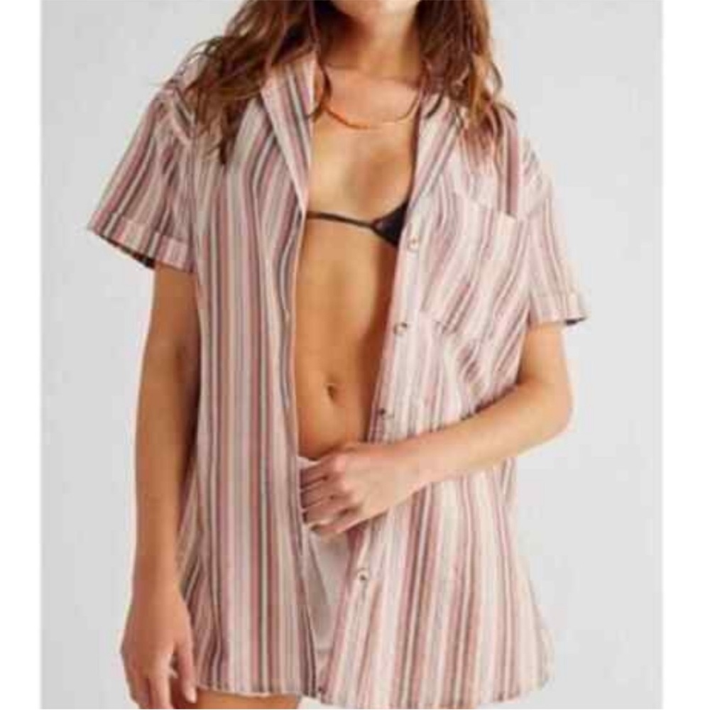Free People We the Free Poolside Striped Boyfriend Button Down Short Sleeve